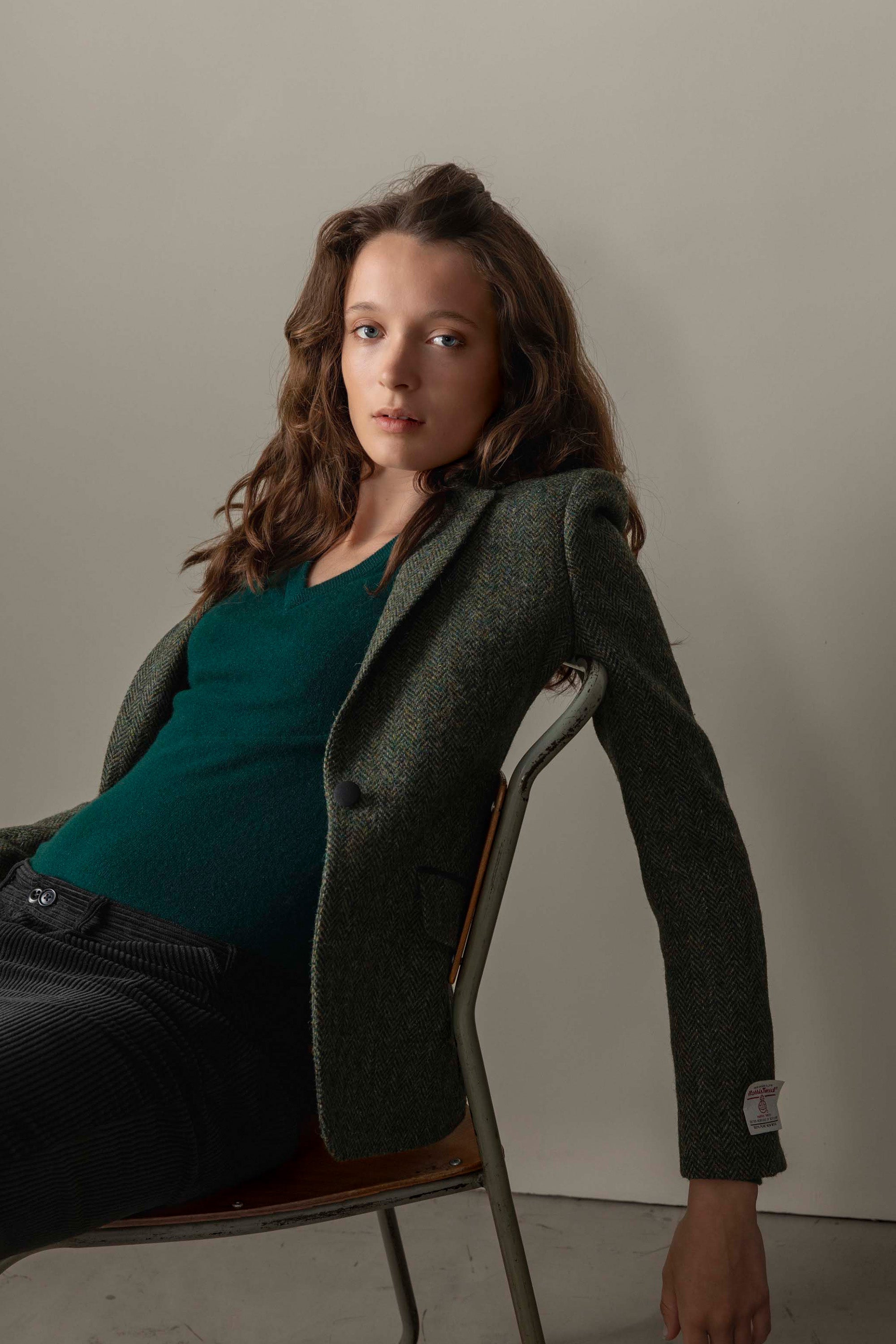 High-Quality Women’s Harris Tweed Janice Blazer – Dark Green Herringbone