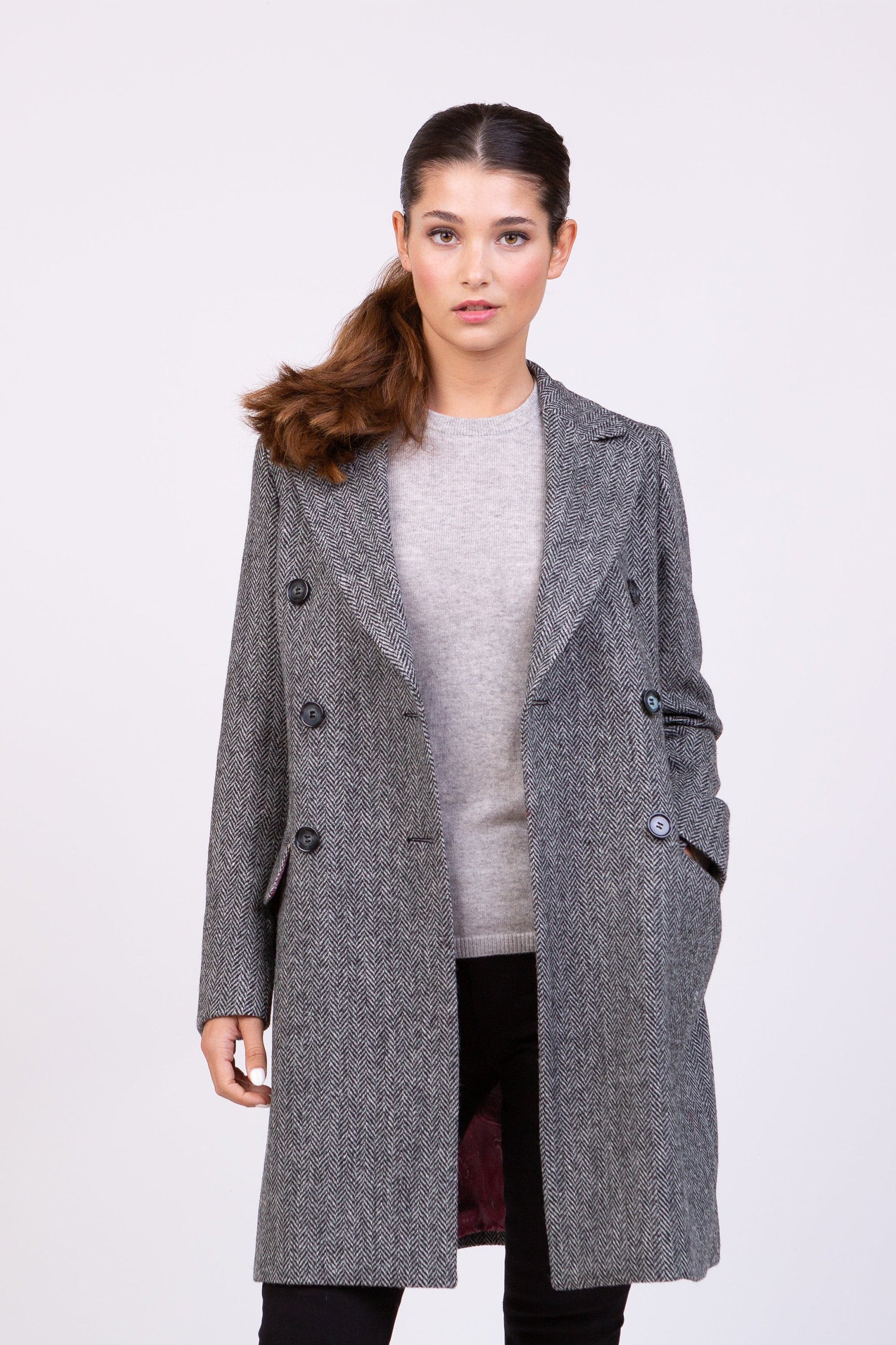 High-Quality Women’s Harris Tweed Melody Coat – Light Grey Herringbone