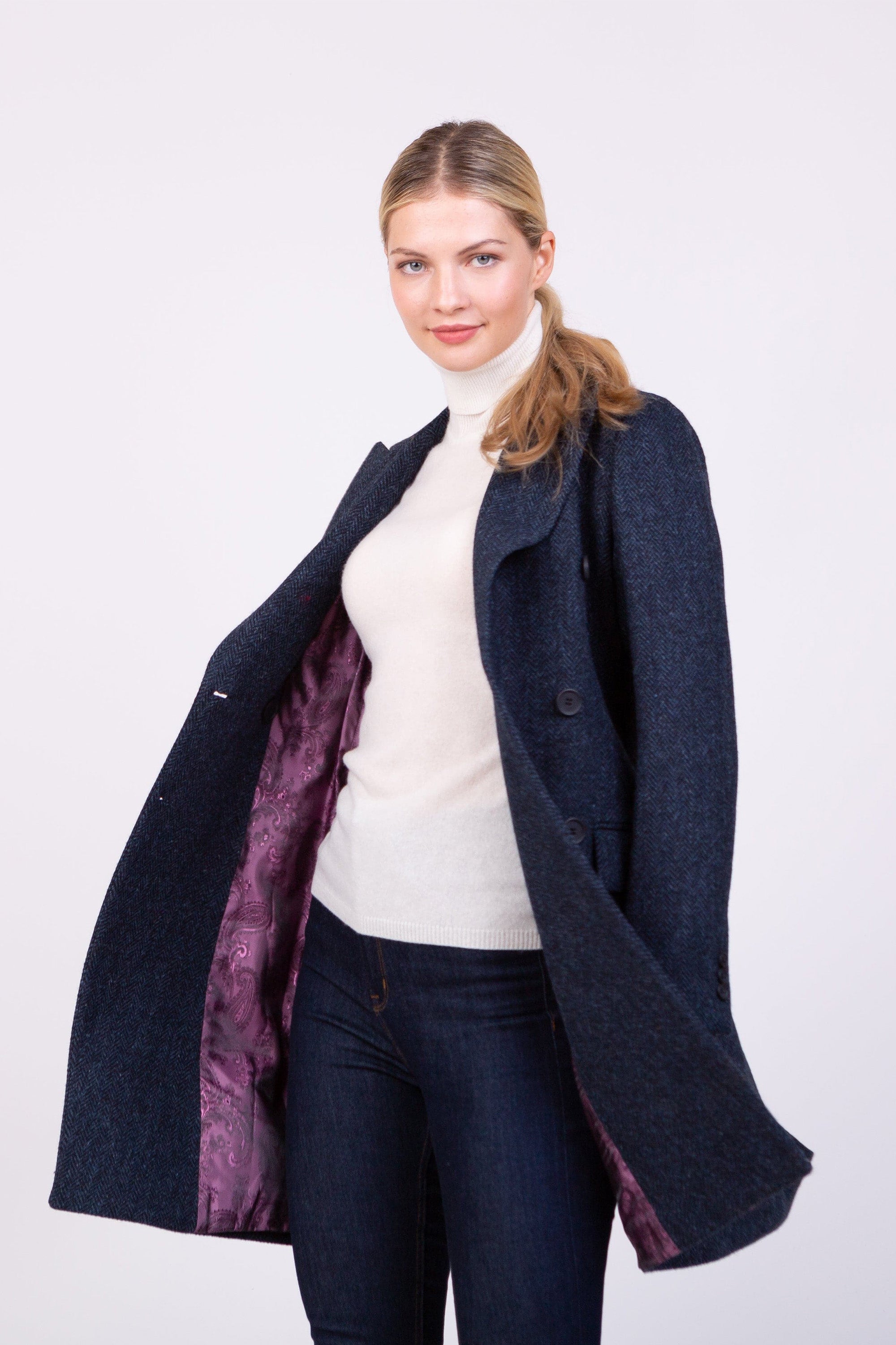 High-Quality Women’s Harris Tweed Melody Coat – Dark Navy Blue Herringbone