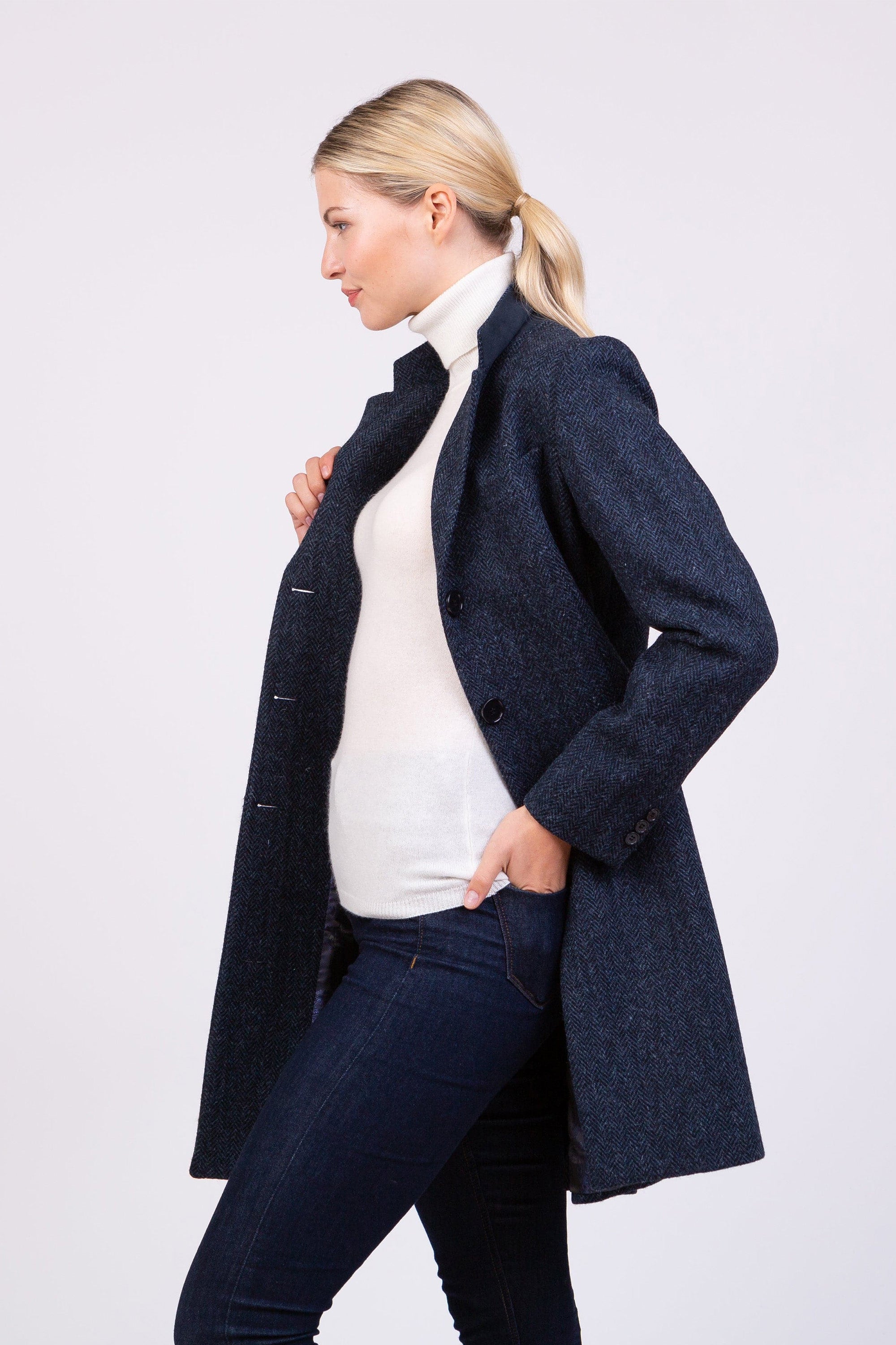 High-Quality Women’s Harris Tweed Tori Coat – Dark Navy Blue Herringbone